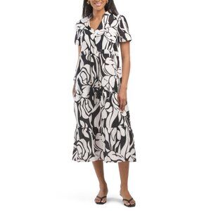 FRANCESCA BETTINI  Italy Linen Blend Short Sleeve V-neck Belted Dress